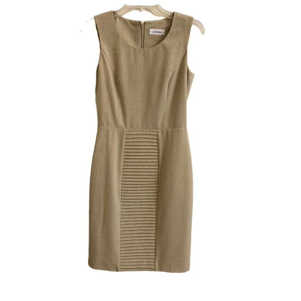 Calvin Klein Oatmeal Tan Pintuck Sleeveless Sheath Dress Size 6
